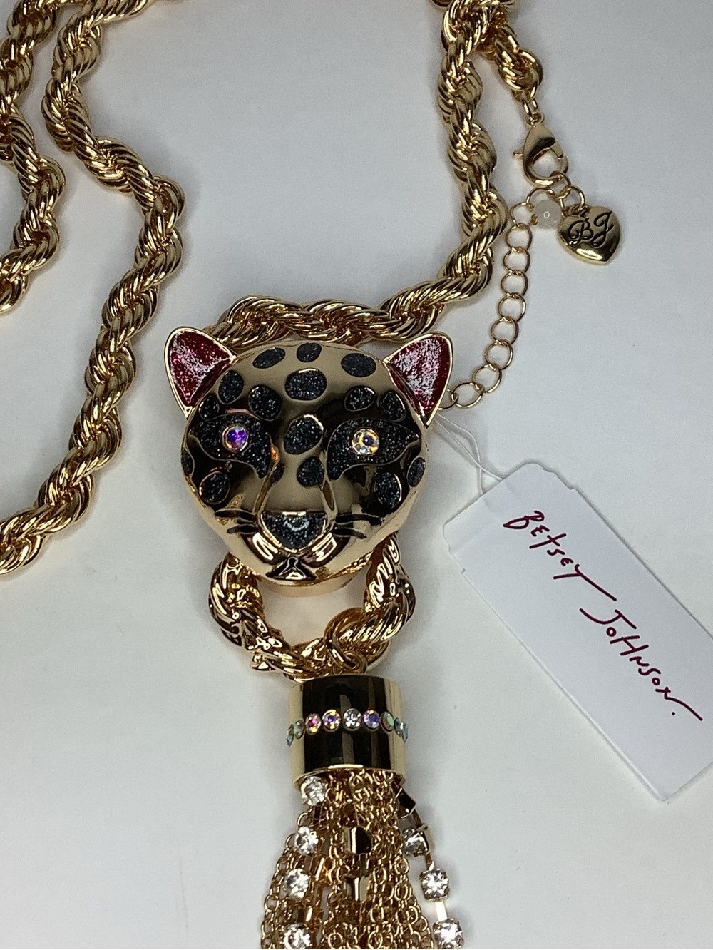 Betsey Johnson Leopard Panther Crystal Tassel Statement Necklace New - Picture 2 of 4